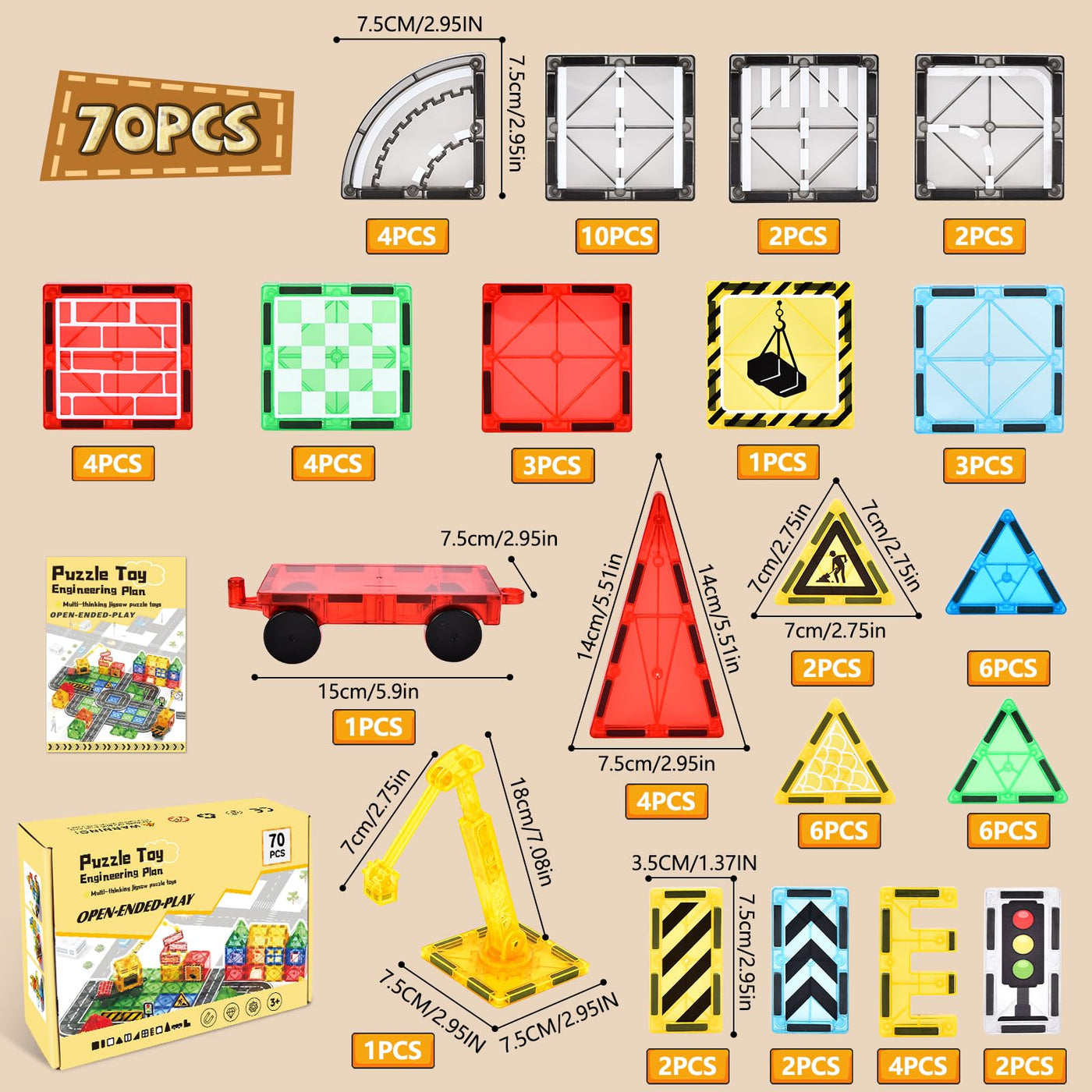 BuzzoXerex Magnetische Bausteine Stadtstraßen Set, 70 Magnetische Fliesen Straßenset, Magnetbausteine Set mit Ausfahrbarem Magnetkran, Magnet Spielzeug für Kinder ab 3 4 5 6 Jahre