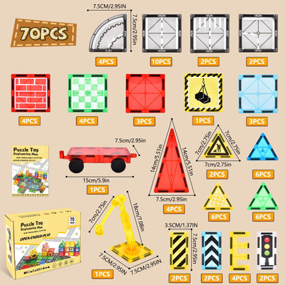BuzzoXerex Magnetische Bausteine Stadtstraßen Set, 70 Magnetische Fliesen Straßenset, Magnetbausteine Set mit Ausfahrbarem Magnetkran, Magnet Spielzeug für Kinder ab 3 4 5 6 Jahre
