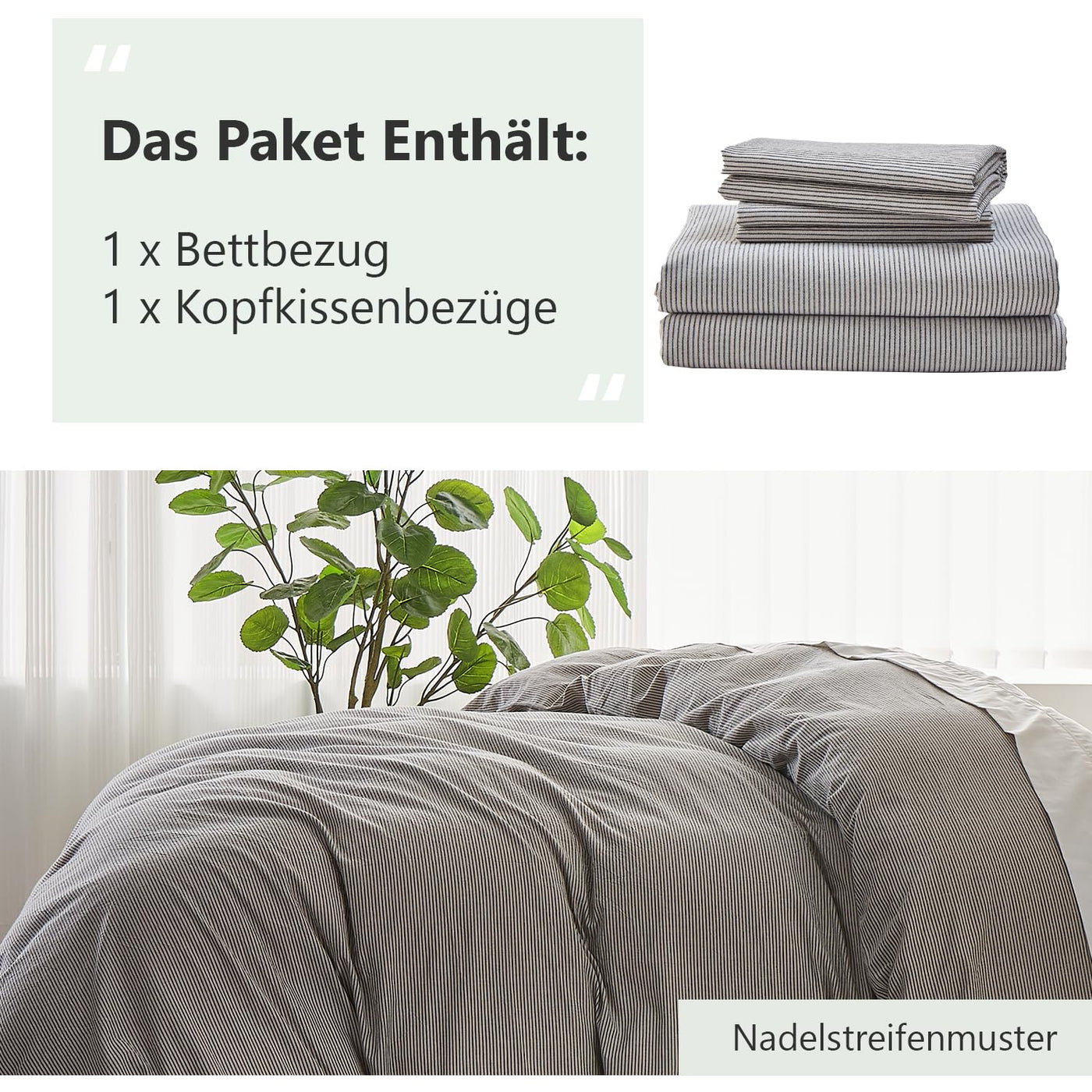 Simple&Opulence Bettwäsche 135x200 Baumwolle Gestreift Muster, 100% Gewaschene Baumwolle Bettbezug Set, Weich, hypoallergen, Enthält 1 Bettbezug 135x200 cm + 1 Kissenbezug 80x80 cm, Dunkelgrau-beige