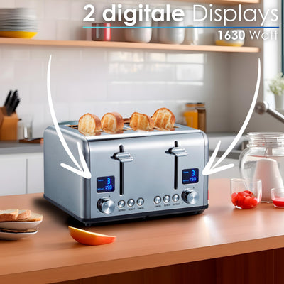 Steinborg Toaster Langschlitz | Digitales Display mit Countdown | Beleuchtete Tasten | 4 Scheiben Toastautomat | XXL Toaster | 1630 Watt | Brötchenaufsatz | Auftau-Funktion | Krümmelschublade |