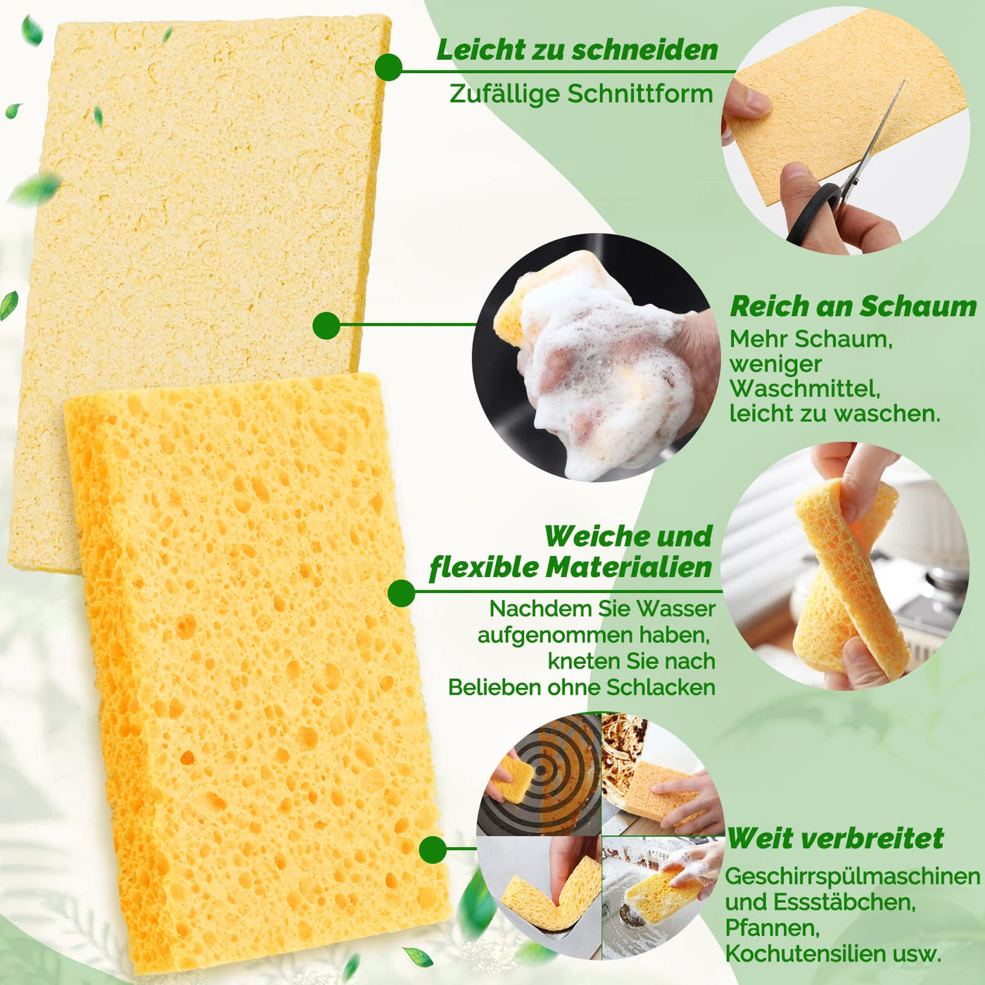 10 Stück Putzschwamm - 100 % natürliche Zellulose Küchenschwamm kratzfest wiederverwendbar komprimiert Reinigungsschwämme für Küche und Bad (Gelb)