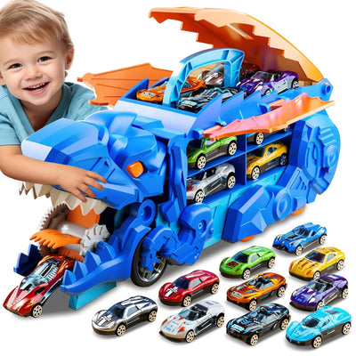 Esteopt Transport Truck Spielzeug Autos für Jungen Alter 3 4 5 6 7, tragbare Dinosaurier Rennstrecke Truck mit 12 Dinosaurier Set Geschenkbox (Blau)