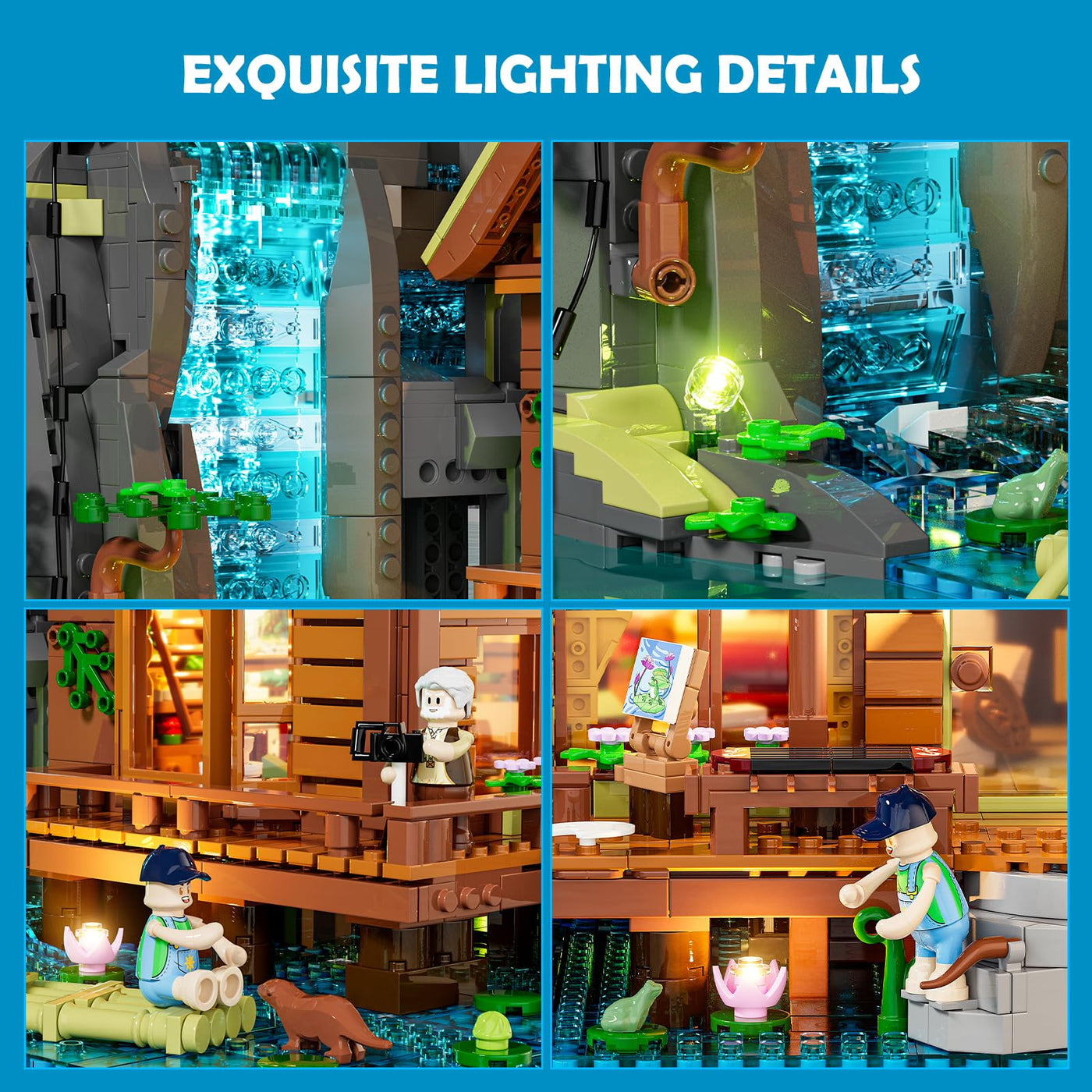 Lumibricks Waterfall Cabin Bauset mit Licht – 2539 Teile Retro Holzhaus mit beweglichem Wasserfall & Naturkulisse, Sammlerstück für Erwachsene