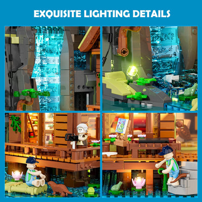 Lumibricks Waterfall Cabin Bauset mit Licht – 2539 Teile Retro Holzhaus mit beweglichem Wasserfall & Naturkulisse, Sammlerstück für Erwachsene