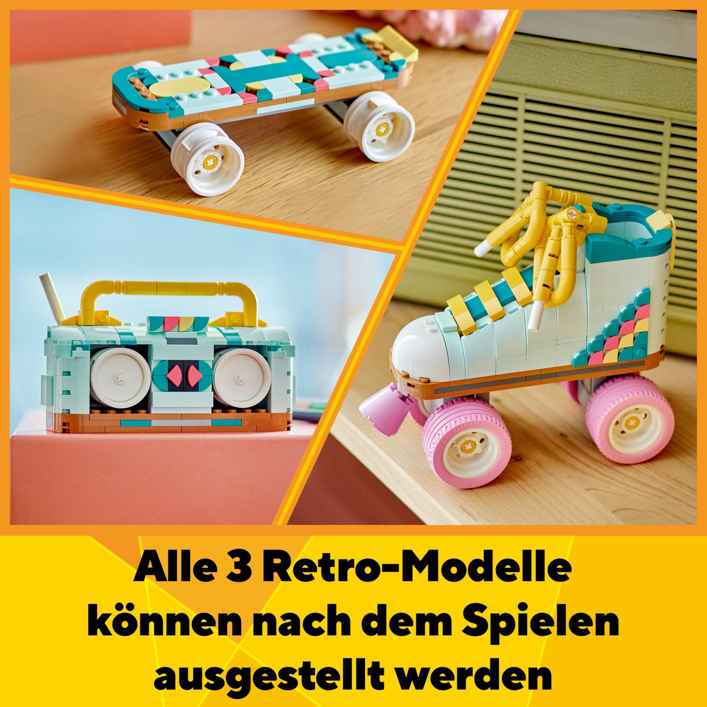LEGO Creator 3-in-1 Retro Rollschuh – Spielzeug zum Bauen und Ausstellen - Verwandelt sich in ein Mini-Skateboard oder ein Boombox Radio – Kreatives Geschenk für Mädchen und Jungen ab 8 Jahren – 31148