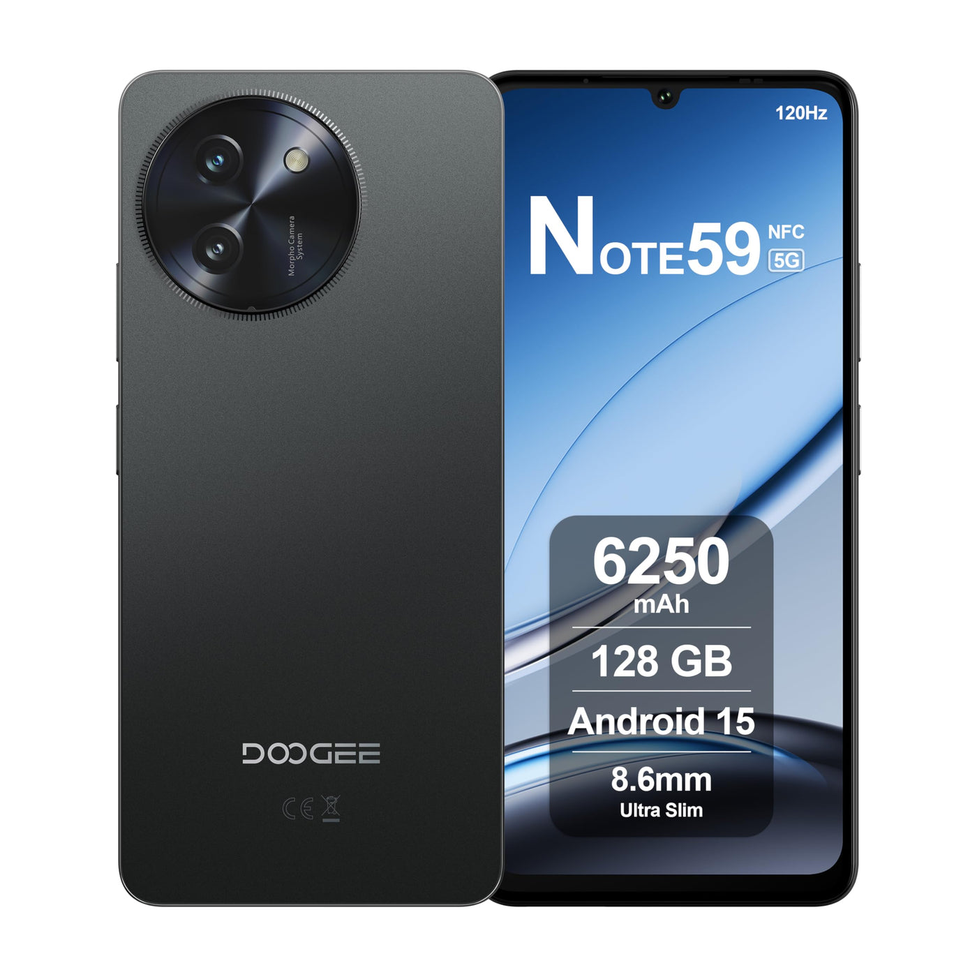 DOOGEE Note59 Smartphone 5G Android 15, 32GB RAM + 128GB ROM, 6250mAh Akku, Display 6.75 Zoll HD+ 120Hz, AI Kamera 16MP, Octa-Core, Dual SIM, NFC, Handy Ohne Vertrag, 2025, Schwarz