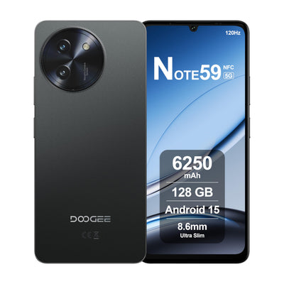DOOGEE Note59 Smartphone 5G Android 15, 32GB RAM + 128GB ROM, 6250mAh Akku, Display 6.75 Zoll HD+ 120Hz, AI Kamera 16MP, Octa-Core, Dual SIM, NFC, Handy Ohne Vertrag, 2025, Schwarz