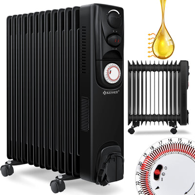 KESSER® Ölradiator Elektrische Heizung mit 13 Rippen 2500W Öl Radiator Elektroheizung Mobil Timer Lüfter Abschaltautomatik stufenlose Temperaturregelung Überhitzungsschutz, Zwangsluft Schwarz