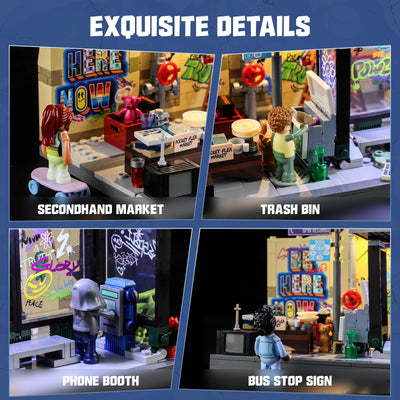 FUNWHOLE Graffiti-Bushaltestelle Klemmbausteine Beleuchtung Deko, Modular Building Straßenfusion City Town Busbahnhof,516Pcs,Geeignet für Erwachsene und Streetstyle-Liebhaber,F9066,Bus Stop