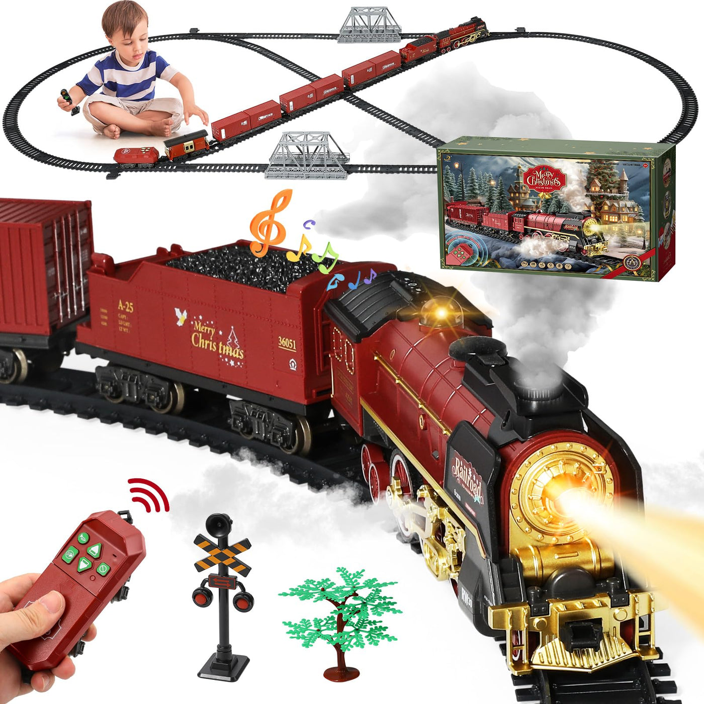 Eisenbahn Kinder Elektrisch Zug, Fernbedienung Dampfzug Spielzeug mit Rauch, Lichtern und Ton, Elektrische Eisenbahnsets für Kinder mit Eisenbahnbausätzen, Geschenke Zug Spielzeug für 3+ Jahren
