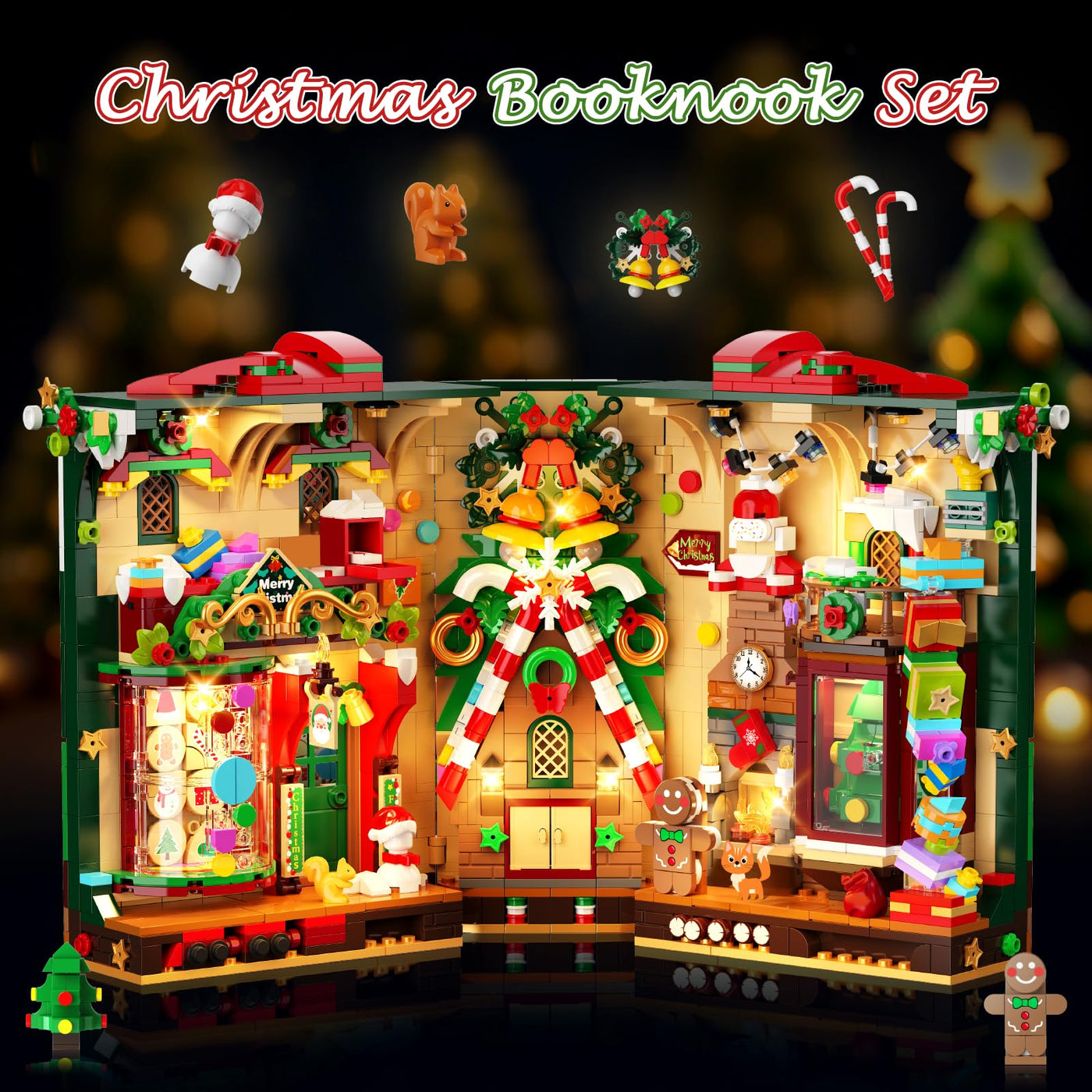 INSOON Weihnachten Book Nook Bauspielzeugset mit Licht, Weihnachts Bausteine Set mit Lebkuchenhaus Weihnachtsbaum, Weihnachts Baustein Geschenk Klemmbausteine für Erwachsene Kinder Mädchen Jungen 10+