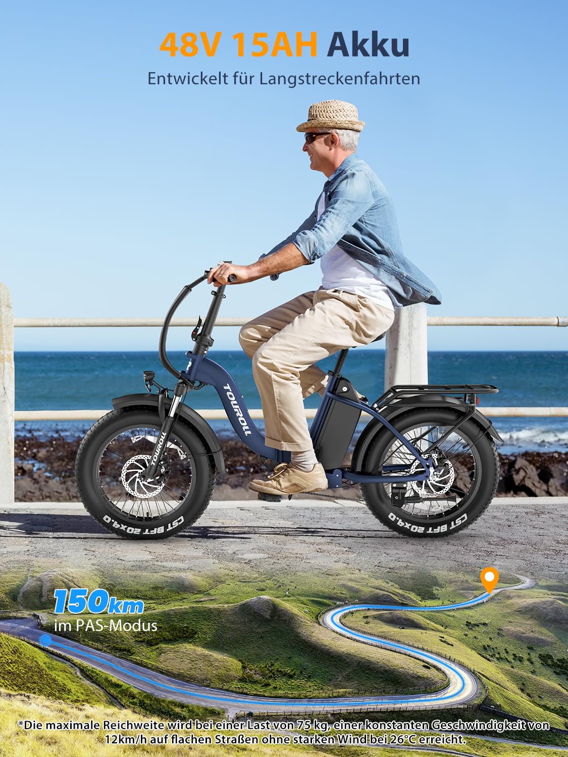 Touroll S2 E-Bike Klapprad Elektrofahrrad mit 20×4.0 Zoll Fat Tire, 48V 720Wh Akku für Lange Reichweite bis 120KM, 250W 55N.M Motor, 7-Gang-All-Terrain E-bike Herren Damen für MTB,Stadtpendler & Wildn