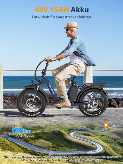 Touroll S2 E-Bike Klapprad Elektrofahrrad mit 20×4.0 Zoll Fat Tire, 48V 720Wh Akku für Lange Reichweite bis 120KM, 250W 55N.M Motor, 7-Gang-All-Terrain E-bike Herren Damen für MTB,Stadtpendler & Wildn