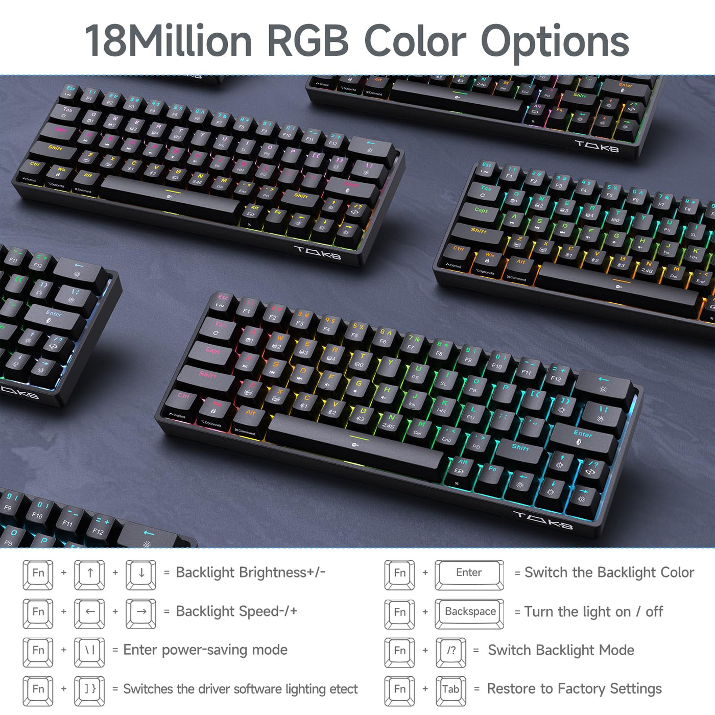 TMKB T63 Gaming Tastatur Mechanische Kabellos mit Red Switch,Bluetooth / 2.4G / Mit Kabel,RGB-Hintergrundbeleuchtung,Schwarz