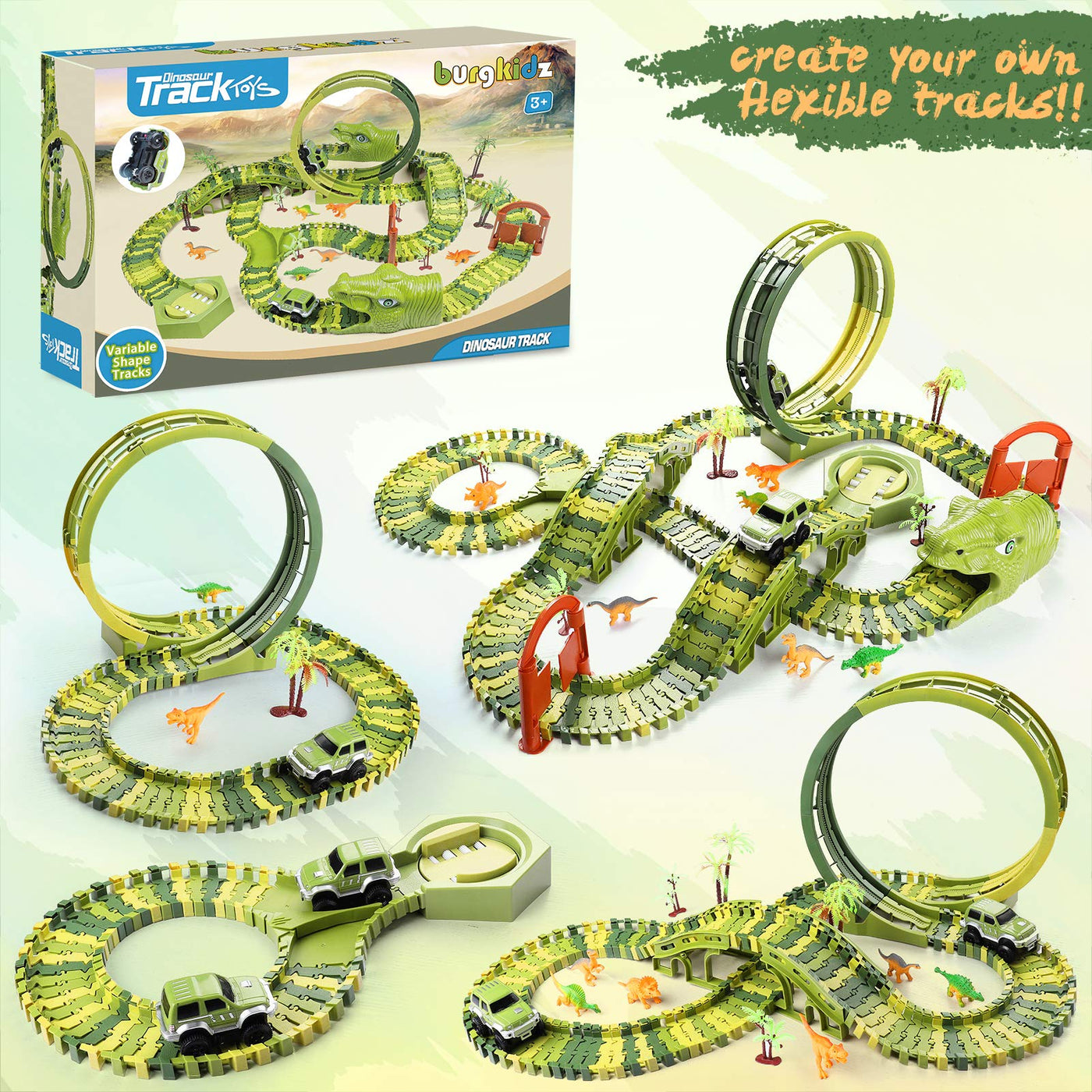 burgkidz Dinosaurier Rennstrecken Spielen Fahrzeuge Spielzeug Set, 387 Stück Flexible Dinos Bahngleise mit 360 Loop und Auto Turntable Spielset, 2 Rennwagen, Geschenk für Kinder ab 3 Jahren