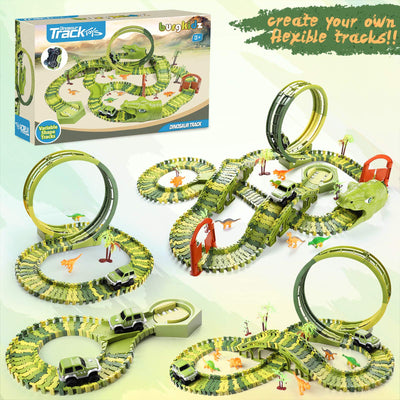 burgkidz Dinosaurier Rennstrecken Spielen Fahrzeuge Spielzeug Set, 387 Stück Flexible Dinos Bahngleise mit 360 Loop und Auto Turntable Spielset, 2 Rennwagen, Geschenk für Kinder ab 3 Jahren