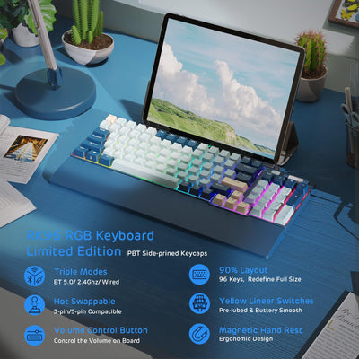 RK ROYAL KLUDGE RK96 RGB Limited Ed, 90% 96 Tasten Triple Mode Bluetooth 5.0/2.4G/USB-C Hot-Swap-fähige mechanische Tastatur mit Software und massivem Akku, RK Yellow Switch, Wald Blau, QWERTY