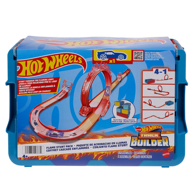 Hot Wheels Trackset, Trackset im Feuer-Design mit einem Hot Wheels Fahrzeug, 16 Track- und Stuntkomponenten in stapelbarer Spielzeug-Aufbewahrungsbox, HMC04
