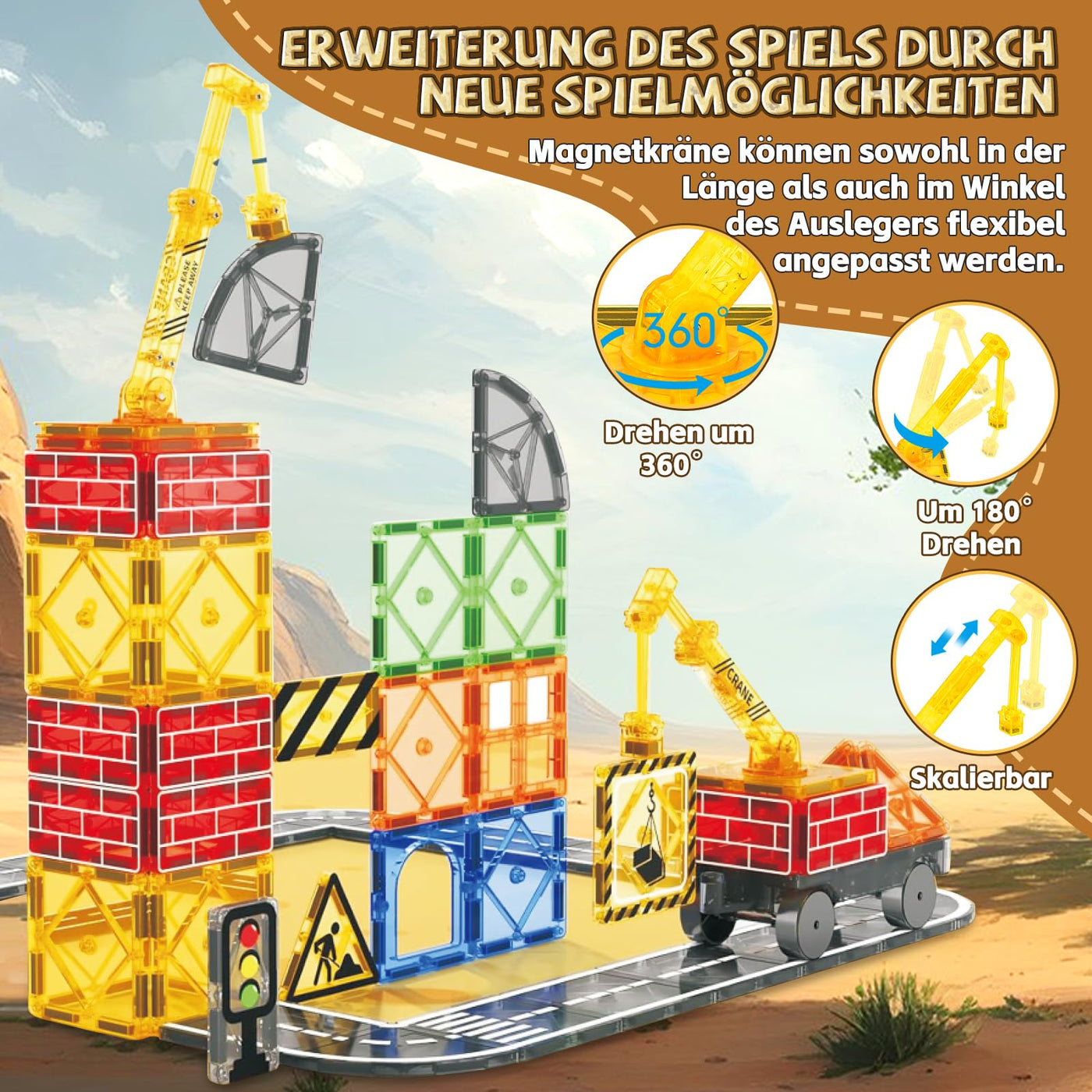 BuzzoXerex Magnetische Bausteine Stadtstraßen Set, 70 Magnetische Fliesen Straßenset, Magnetbausteine Set mit Ausfahrbarem Magnetkran, Magnet Spielzeug für Kinder ab 3 4 5 6 Jahre