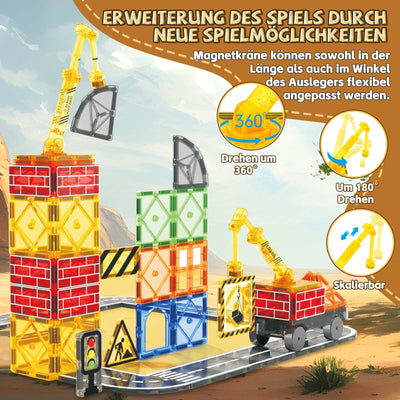 BuzzoXerex Magnetische Bausteine Stadtstraßen Set, 70 Magnetische Fliesen Straßenset, Magnetbausteine Set mit Ausfahrbarem Magnetkran, Magnet Spielzeug für Kinder ab 3 4 5 6 Jahre