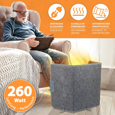 Mi-Heat Infrarot Schreibtischheizung Heizpaneel 260W | Standheizung für Büro Schreibtisch Arbeitsplatz unter den Tisch | Temperatur bis zu 60°C faltbar, Grau
