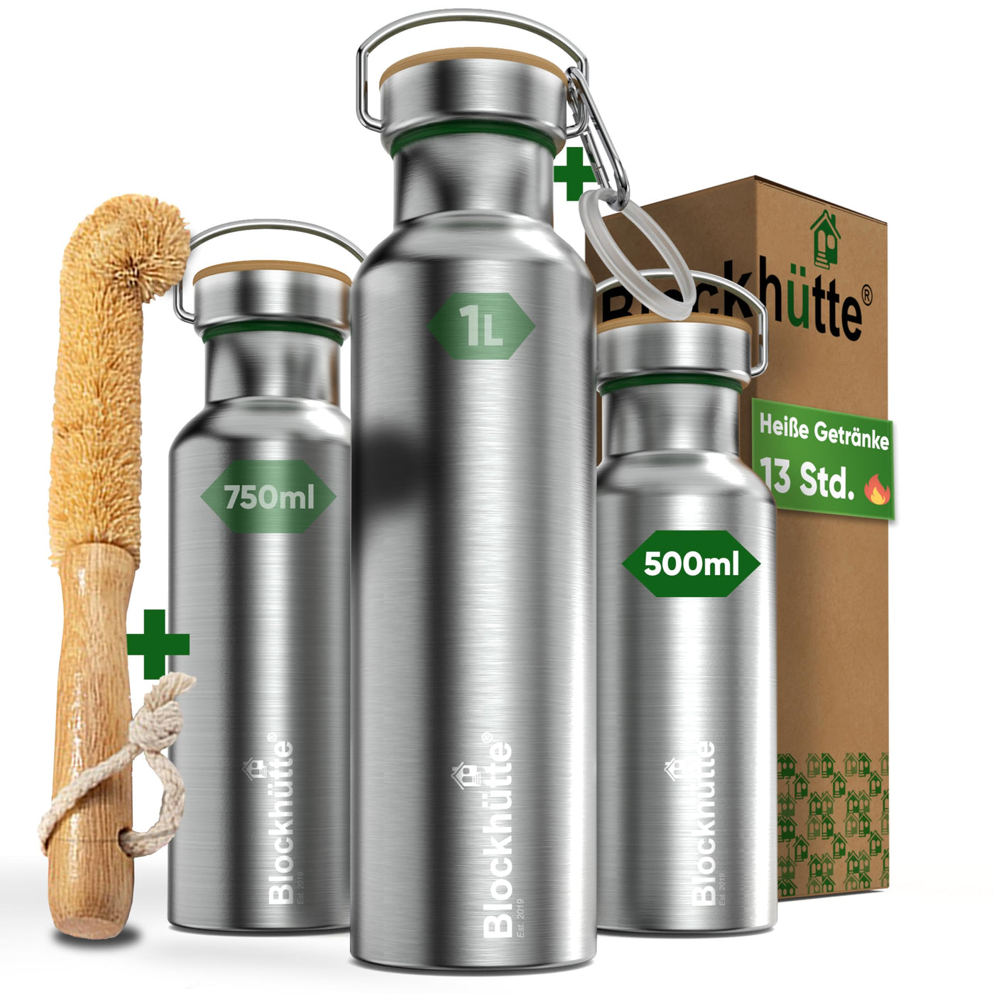 Blockhütte Premium Edelstahl Trinkflasche isoliert I 500ml I mit Flaschenbürste I Die iso Trinkflasche ist auslaufsicher I Wasserflasche spülmaschinenfest für Kinder, Schule I BPA Frei