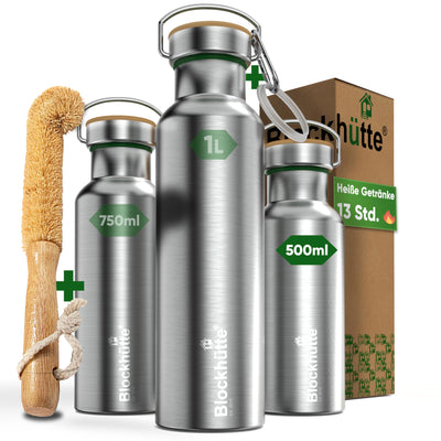 Blockhütte Premium Edelstahl Trinkflasche isoliert I 500ml I mit Flaschenbürste I Die iso Trinkflasche ist auslaufsicher I Wasserflasche spülmaschinenfest für Kinder, Schule I BPA Frei