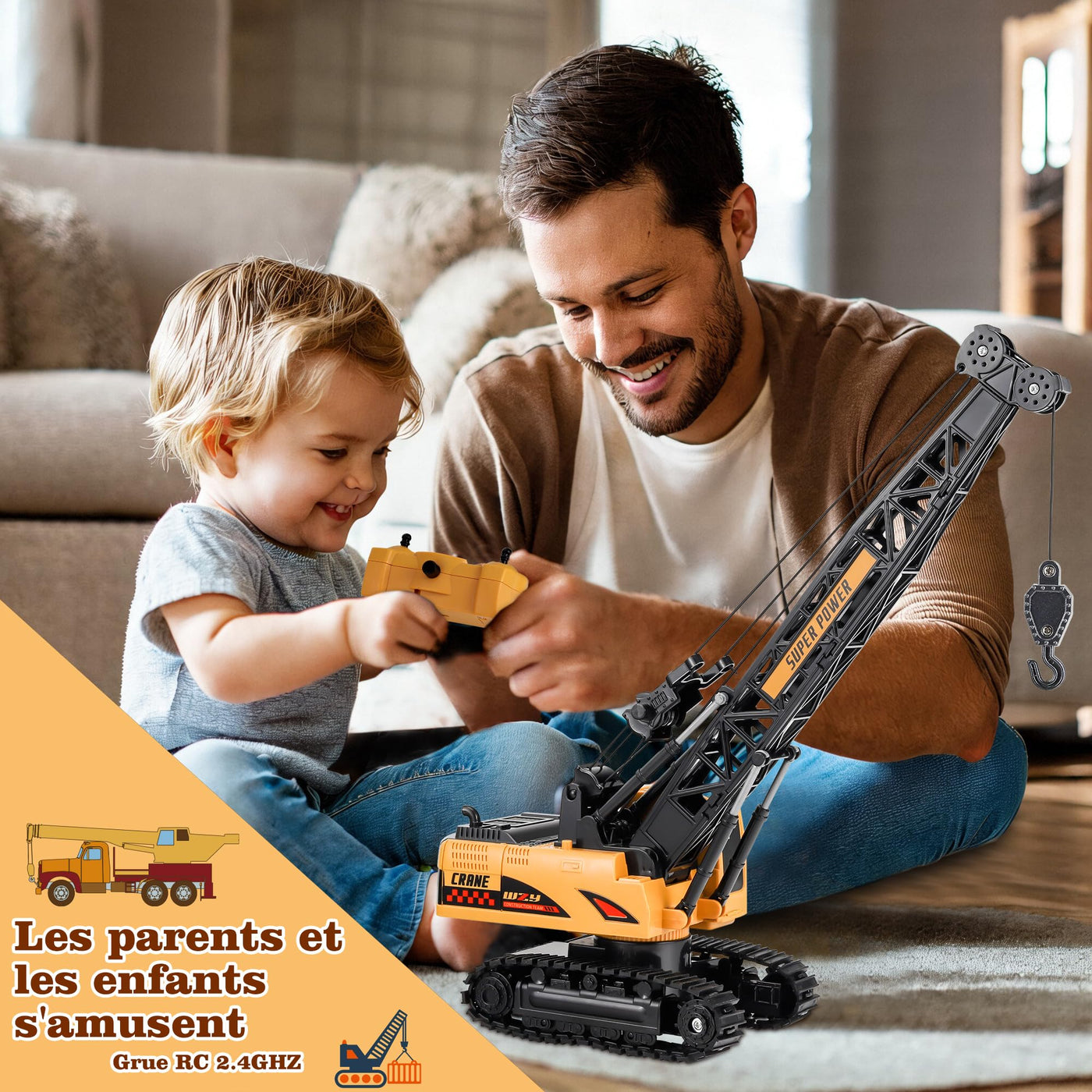 Joellfuner Kran Spielzeug, 2,4G Kran Ferngesteuert mit Lichtern und Geräuschen Realistischer, Großer RC Kranspielzeug mit 12PCS Miniaturmodelle, Geschenk für Jungen und Mädchen (Standard)