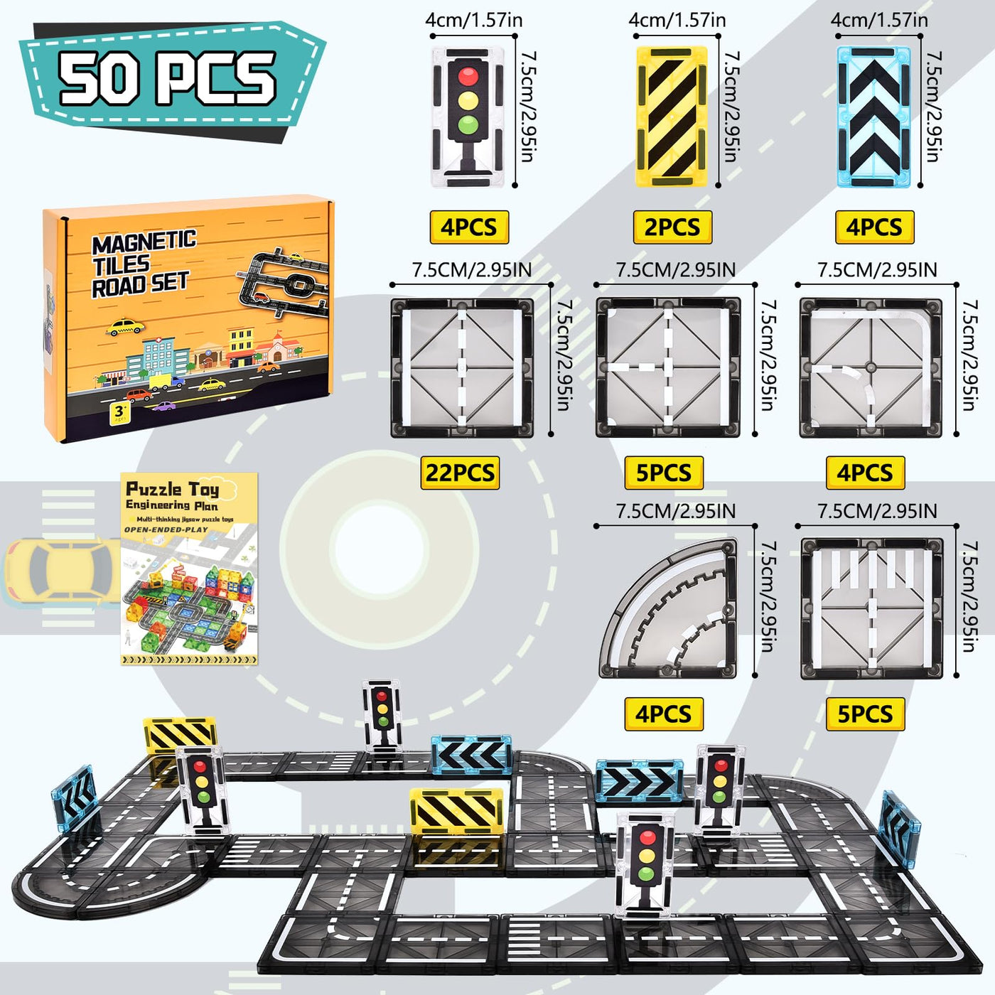 BuzzoXerex Magnetische Bausteine Straßenset, 50PCS Magnetische Fliesen Stadtstraßen, Magnetbausteine Straßenaufsatz-Set Lernaktivitäten Geschenk ab 3 4 5 Jahre