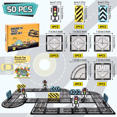 BuzzoXerex Magnetische Bausteine Straßenset, 50PCS Magnetische Fliesen Stadtstraßen, Magnetbausteine Straßenaufsatz-Set Lernaktivitäten Geschenk ab 3 4 5 Jahre