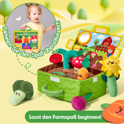 hahaland Montessori Spielzeug Baby - Obst und Gemüse Garten Plüschtier-Set, Motorik Baby Spielzeug 6 Monate mit Rasseln Spiegel Tragbarer Box,Weihnachts Geschenk für Spielzeug ab 6 7 8 9 10 12 Monate