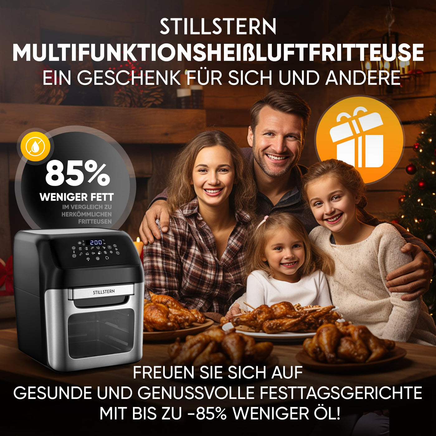 Stillstern Heißluftfritteuse 12L mit LED-Touchscreen, XXL Rezeptbuch auf Deutsch, 12 Programme, Vorheizen&Warmhalten, 1800W Heissluftfritteuse Air Fryer XXL ohne Öl Dörren Minibackofen Camping Grill