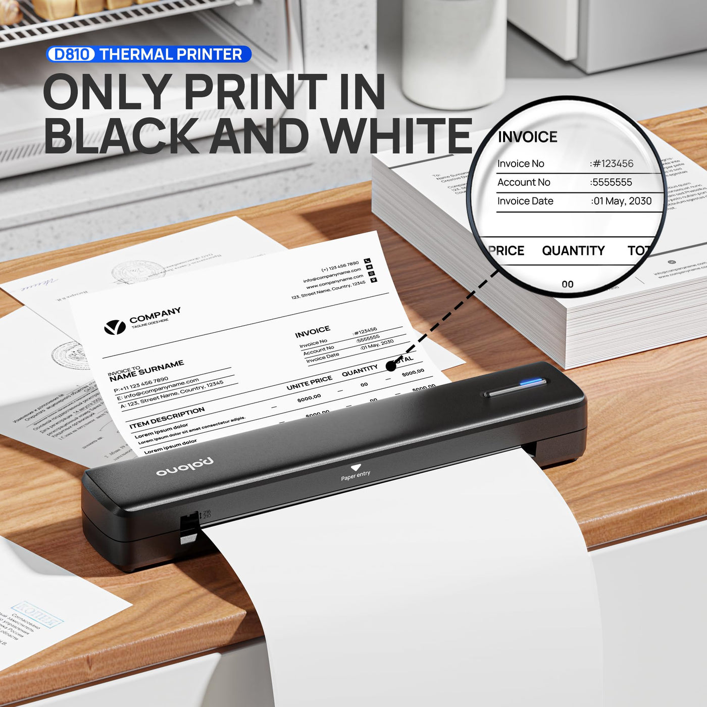 POLONO D810 Thermodrucker A4 Wireless für Reisen, Mobiler Drucker A4 Unterstützung für 8.5"x11" US Brief, Tragbarer drucker Kompatibel mit iOS, Android, Laptop für Büro, Auto, Schwarz