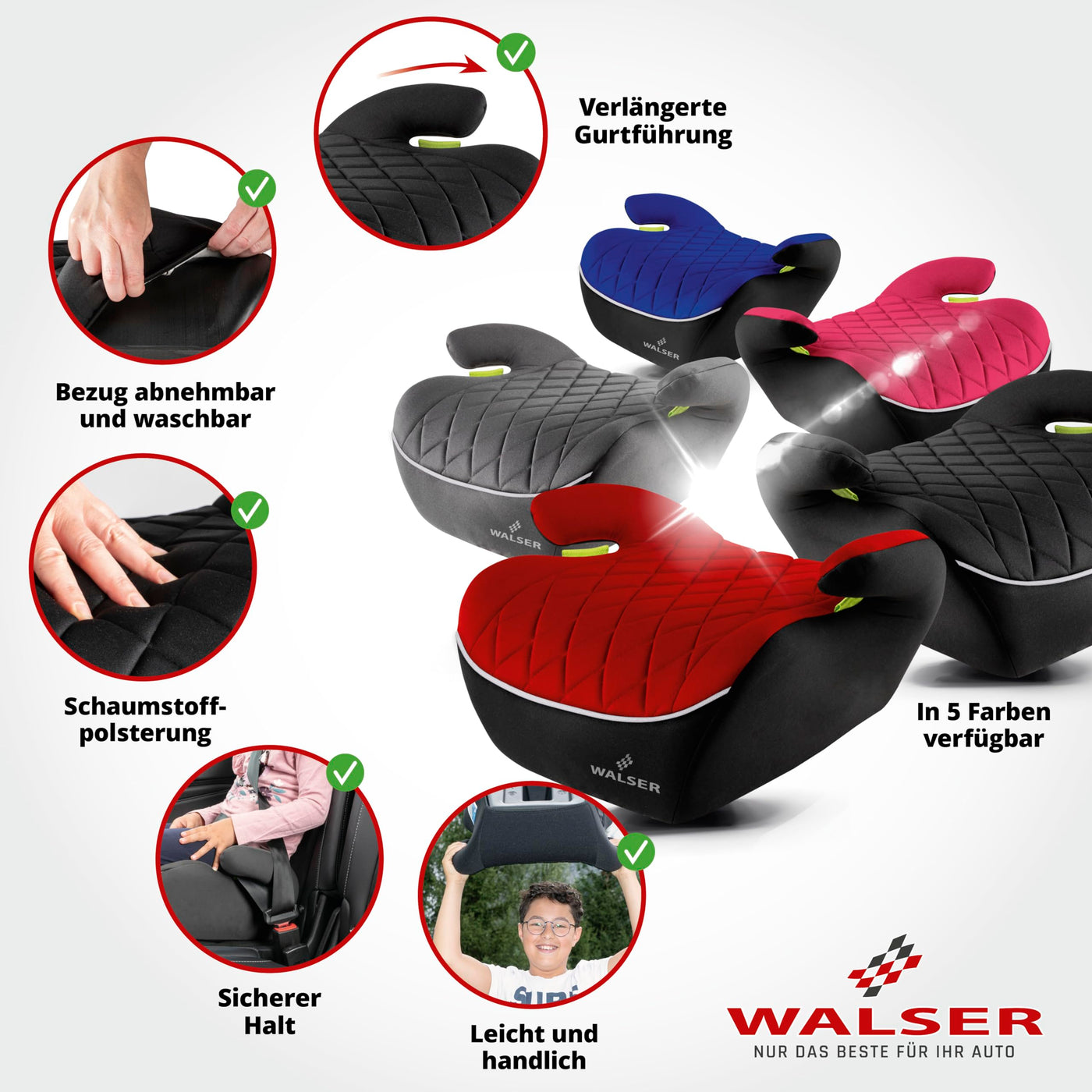 WALSER Premium Kinder Sitzerhöhung Auto, Qualitätssieger Sehr Gut* Kindersitz Auto 125-150 cm, Kindersitzerhöhung Auto Andy neueste Norm 2024 ECE R 129, Sitzerhöhung Auto Kindersitz schmal grau