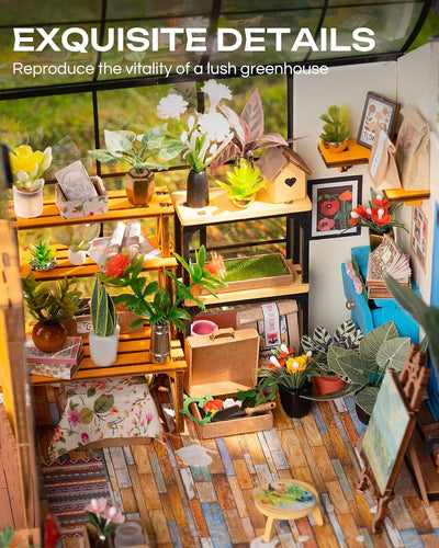 ROBOTIME Miniatur Haus Gewächshaus DIY Miniature House Holz Mit Möbel und Licht, Puppenhaus für Erwachsene Mädchen und Jungen Geschenk zum Muttertag
