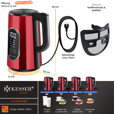 KESSER® Wasserkocher Edelstahl 1.5 Liter | LED-Anzeige | 4-Modi Temperatureinstellung 40°C-100°C | 30min Warmhalten | elektrischer Teekocher 2200W BPA-Frei | Kalkfilter & Easy-Open-Deckel, Bordeaux