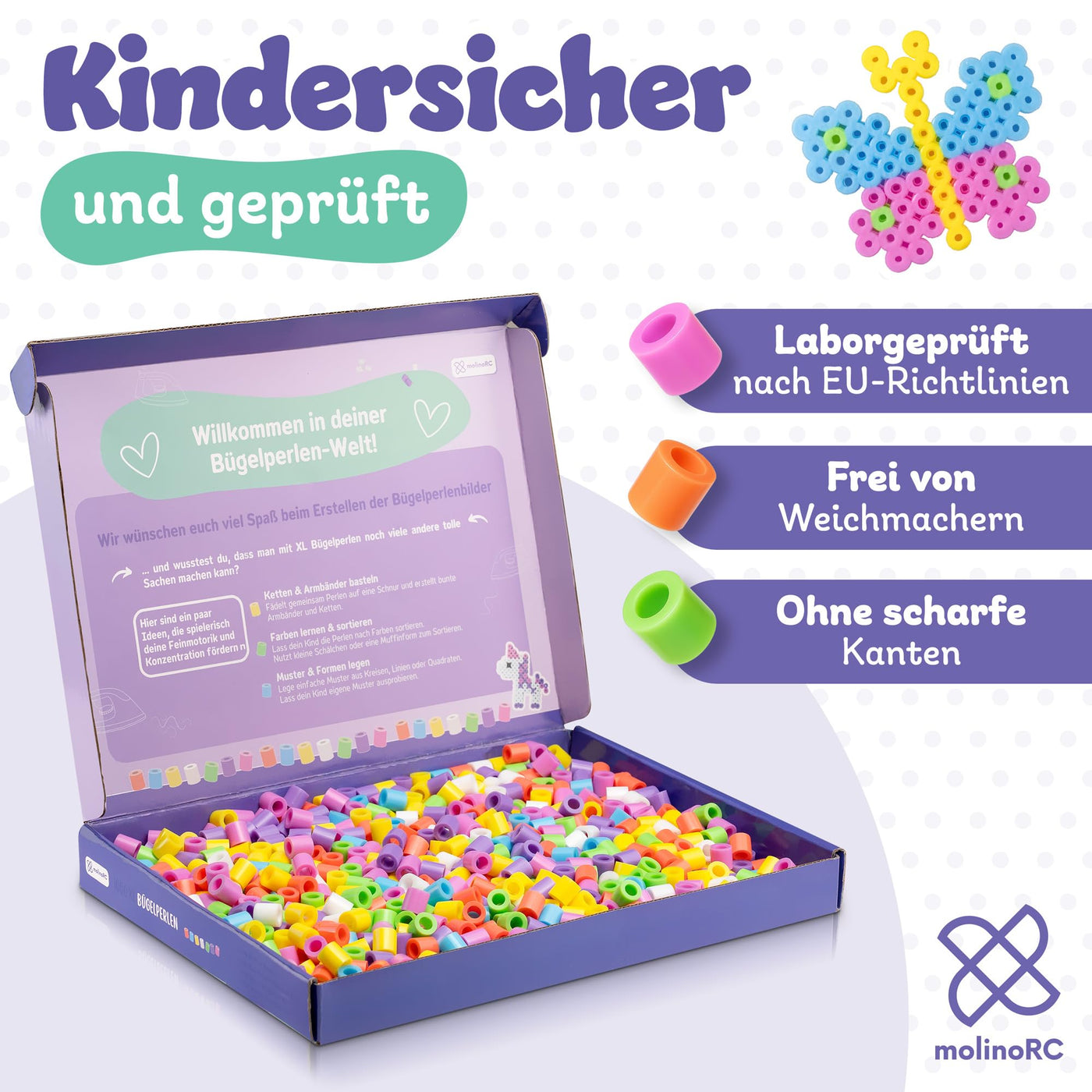 molinoRC Große Bügelperlen 10mm [1000er Nachfüll Pack] in 7 PASTELL Farben - mit 30+ VORLAGEN-Download - XL Bügelperlen - Steckperlen groß ab 3 Jahren für einfaches Bügeln & Basteln - Maxi Perlen
