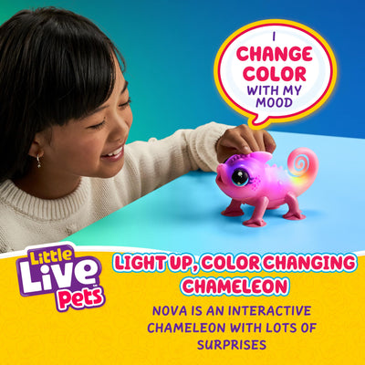 Little Live Pets Chamäleon Nova, leuchtendes, interaktives Chamäleon mit Farbwechselfunktionen, über 30 Geräusche, viele Verschiedene Stimmungen, wiederholt Worte, mit Takterkennung, inkl. Batterien