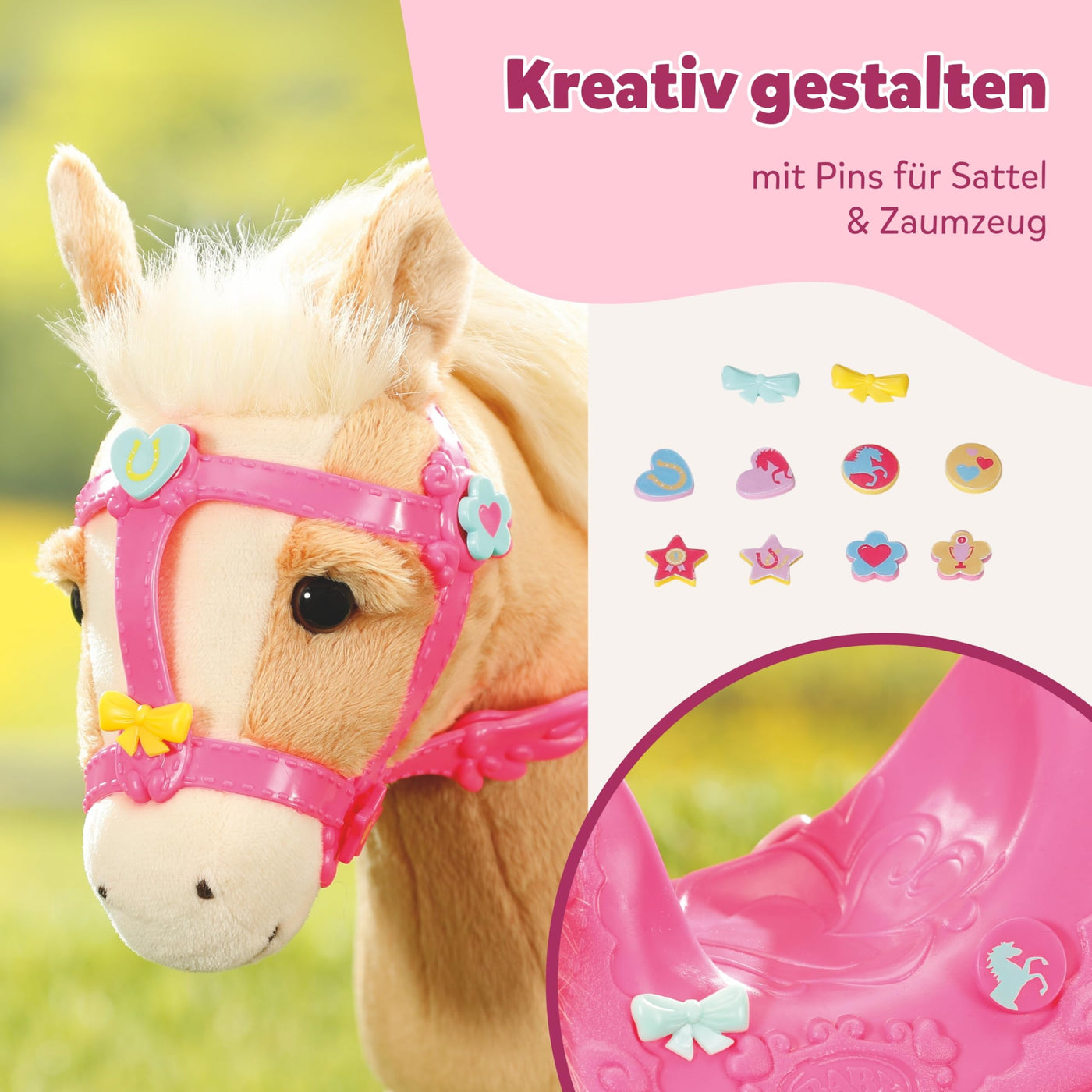 BABY born, Puppenpferd, BABY born My Cute Horse, interaktives Pferd mit Lauf- und Soundfunktion, Plüsch, rosa Sattel und Zaumzeug sowie Pins zum Dekorieren, 840627 Zapf Creation