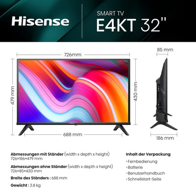 Hisense 32E4KT (32 Zoll) Fernseher, HD Ready - Smart TV, Triple Tuner DVB-T2 / T/C / S2 / S, Works with Alexa, WiFi, Game Mode, Hotel Mode, Schwarz [2023 ], Betriebsystem VIDAA U