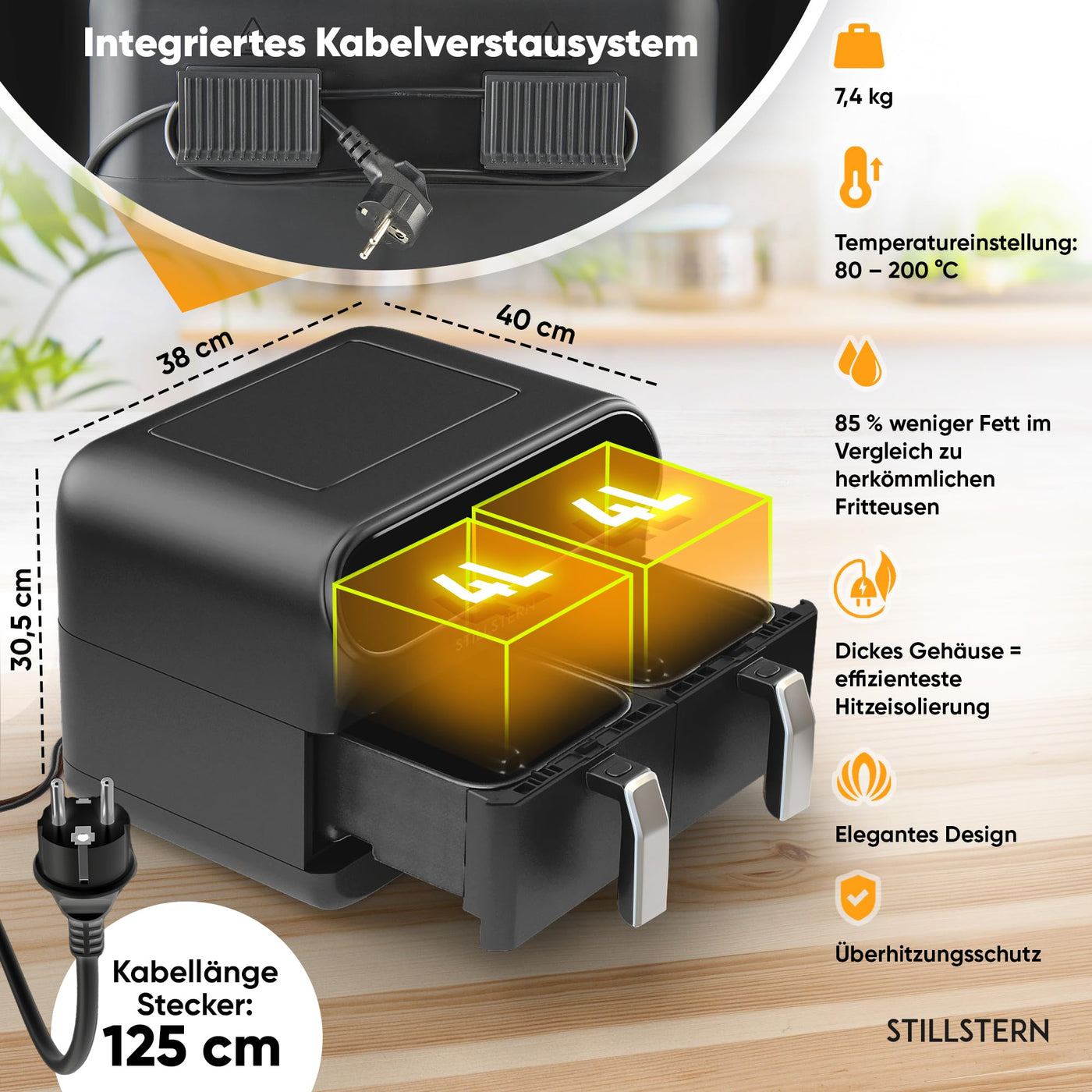 Stillstern Dual Zone Heißluftfritteuse 8L [für 1-8 Pers], 2400W, NEU: HeatingFlow Technologie, 80-200°C, Shake-Funktion, 120 Rezepte [DEUTSCH], 8 Programme, Dörren, Auftauen&Warmhalten, Air Fryer