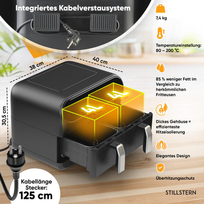 Stillstern Dual Zone Heißluftfritteuse 8L [für 1-8 Pers], 2400W, NEU: HeatingFlow Technologie, 80-200°C, Shake-Funktion, 120 Rezepte [DEUTSCH], 8 Programme, Dörren, Auftauen&Warmhalten, Air Fryer