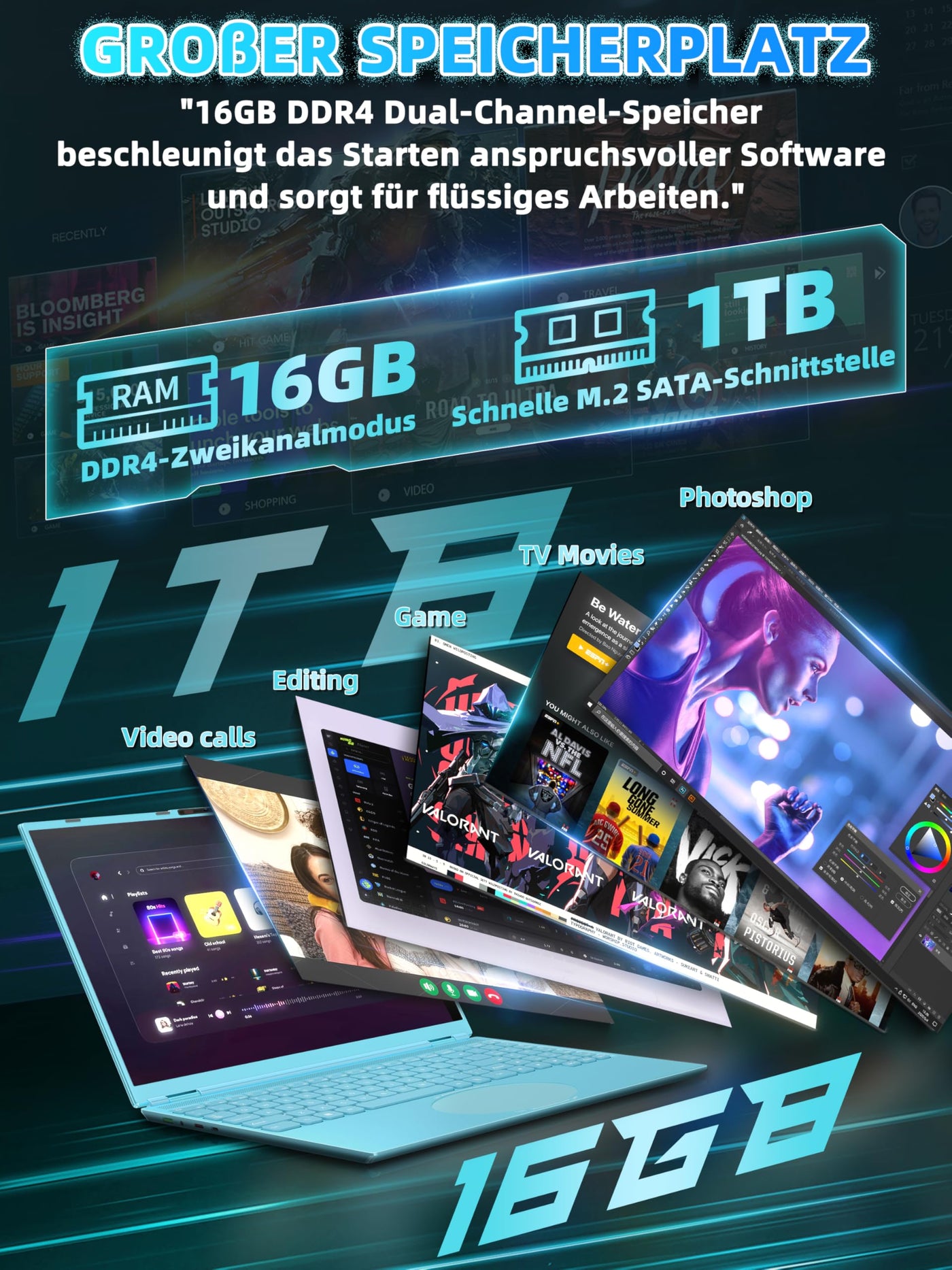 Fsjun 16" Laptop Notebook Blau, N95 bis 3,4 GHz, 16GB RAM 1TB SSD, 2.5K QHD IPS 2560×1600 Screen, 7-farbige beleuchtete Tastatur, Face Unlock, USB-C/HDMI/WiFi/BT, DE Tastaturschutz