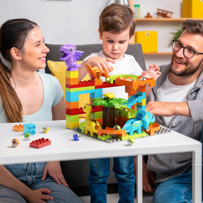 burgkidz Murmelbahn Bauklötze Dinosaurier Set, 78-teiliges Interaktive Kugelbahnen Labyrinth Spiel Kompatibel Konstruktionsspielzeug, STEM Pädagogisches Geschenk für Kinder Alter von 3+ Jahren