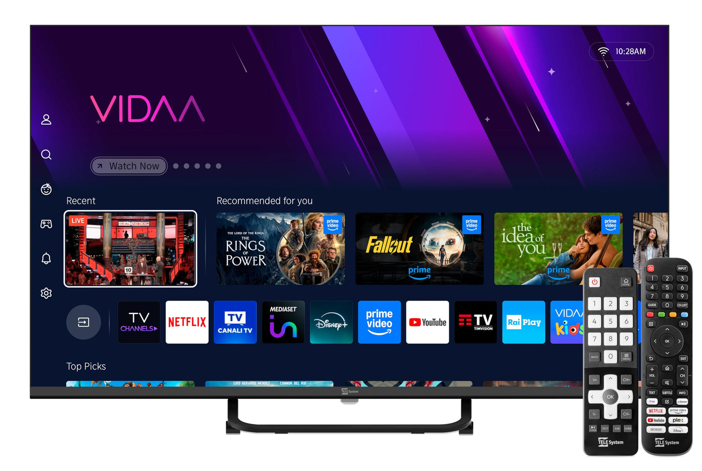 TELE System Smart TV 32 Zoll Vidaa, DVB-T2/S2 HEVC, tivùsat HD-zertifiziert, rahmenlos, HbbTV,TV Pause,2 Fernbedienungen (Easy inklusive), CAM CI+ kompatibel,Hotelmodus ideal für Hotels und Residenzen
