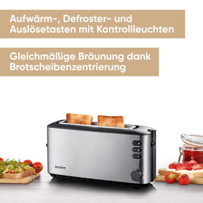 SEVERIN Automatik-Langschlitztoaster, Automatik-Toaster mit Brötchenaufsatz, Edelstahl Toaster zum Toasten, Auftauen und Erwärmen, 1.000 W, Edelstahl-gebürstet/schwarz, AT 2515