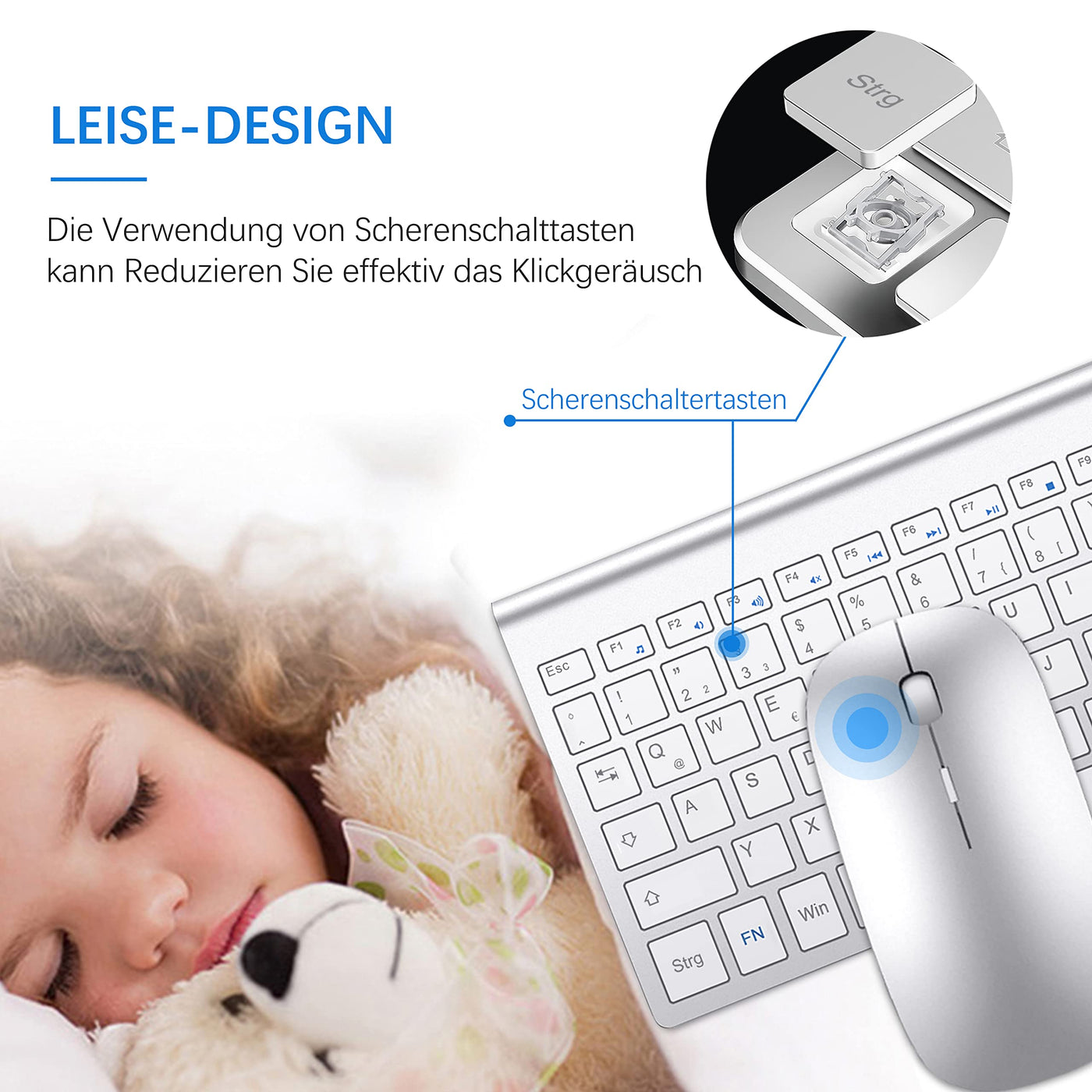 Tastatur Maus Set Ultra Slim, TopMate 2,4G Stille Compact USB 2400DPI Maus und Schissschalter Tastatur mit Abdeckung mit 2 AA & 2 AAA Batterien für PC/Laptop/Windows/Mac - Silber Weiss