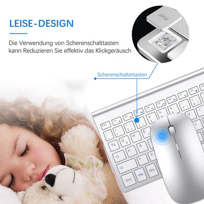 Tastatur Maus Set Ultra Slim, TopMate 2,4G Stille Compact USB 2400DPI Maus und Schissschalter Tastatur mit Abdeckung mit 2 AA & 2 AAA Batterien für PC/Laptop/Windows/Mac - Silber Weiss