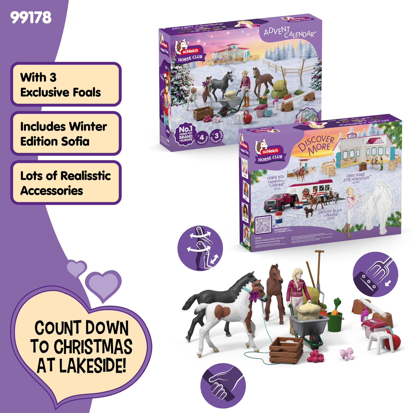 schleich Horse Club | Adventskalender Horse Club 2025 – Weihnachtswunder Fohlenaufzucht 99178 | mit beweglicher Figur Sofia, 3 Pferdefiguren & Zubehör | Geschenkidee für Kinder ab 5 Jahren | 34 Teile