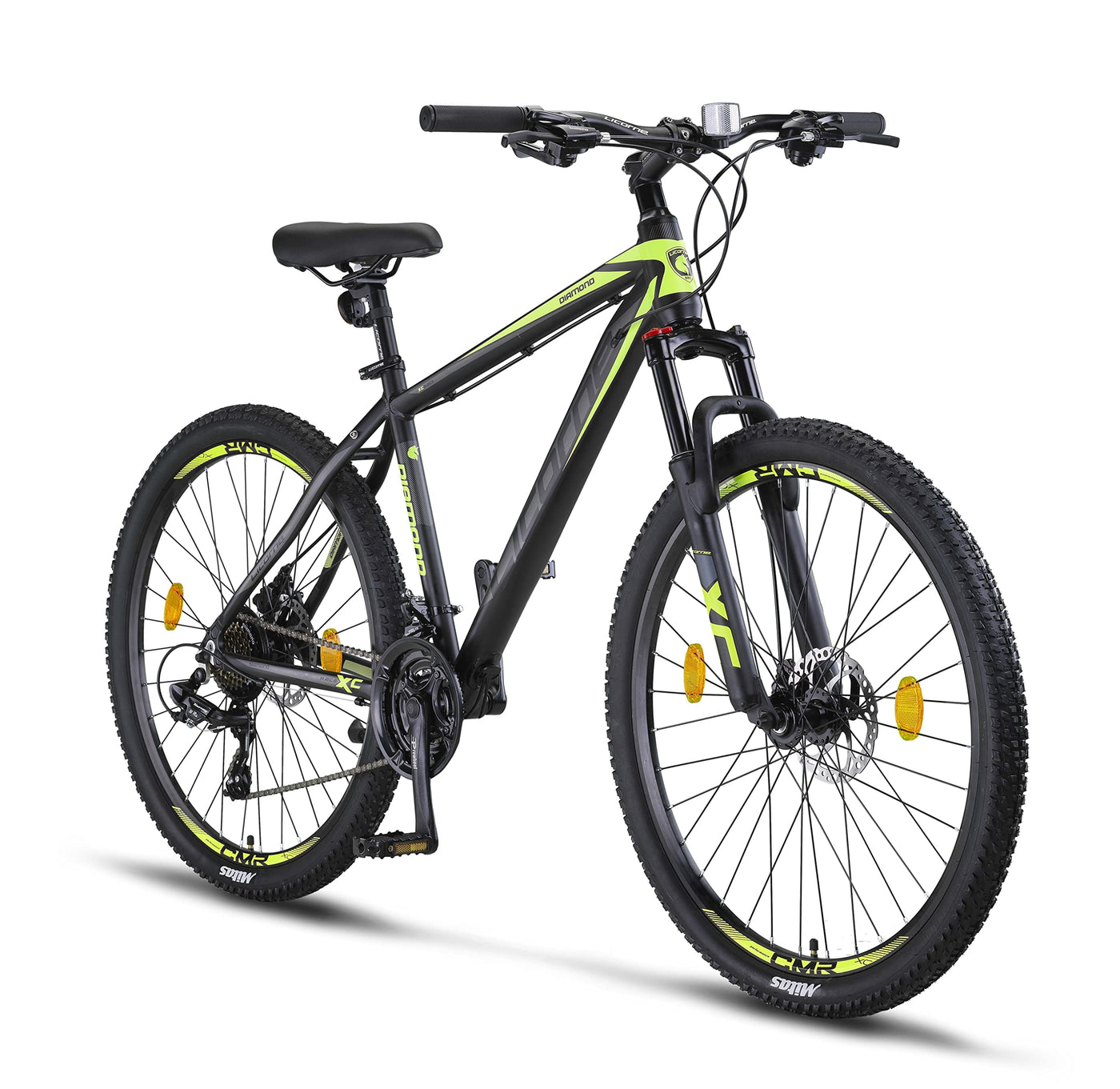 Licorne Bike Diamond Premium Mountainbike Aluminium, Fahrrad für Jungen, Mädchen, Herren und Damen - 21 Gang-Schaltung - Scheibenbremse Herrenrad – einstellbare Vordergabel (27.5, Schwarz-Lime)